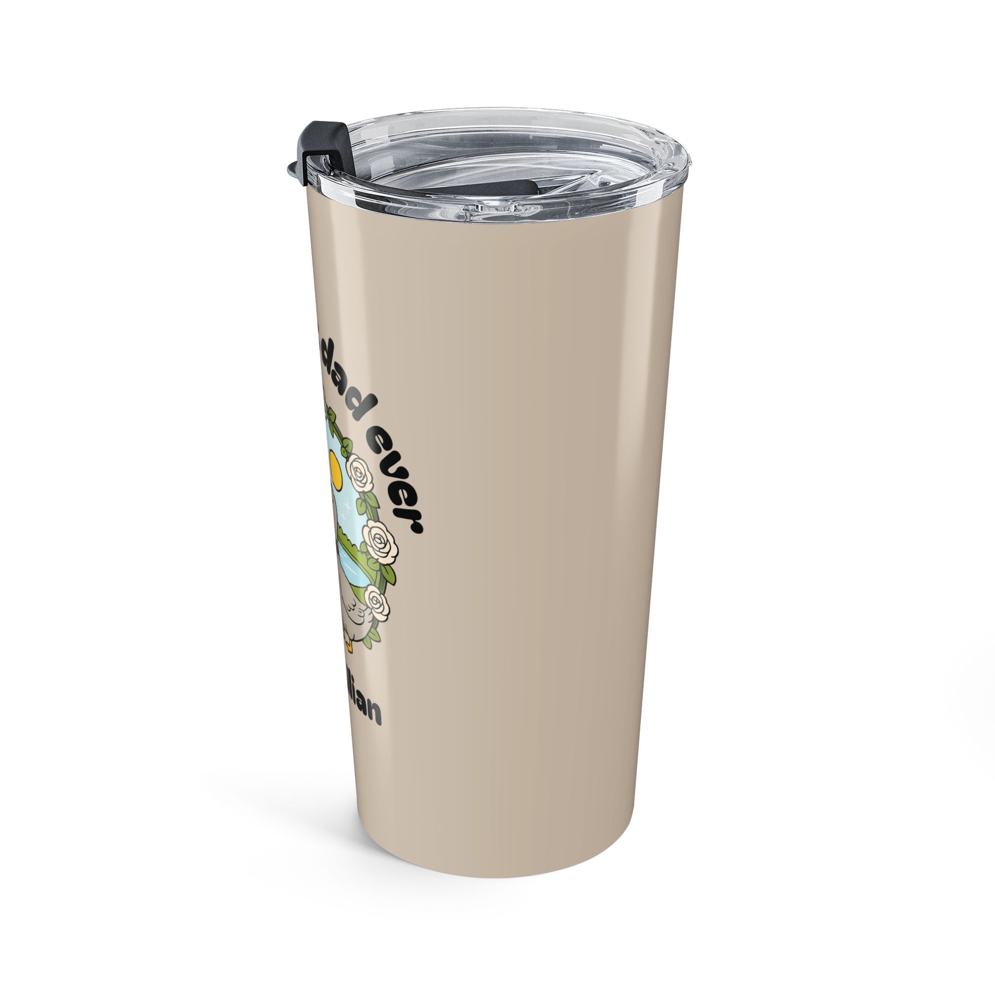 Close-up of duck duo and white rose design on dad tumbler