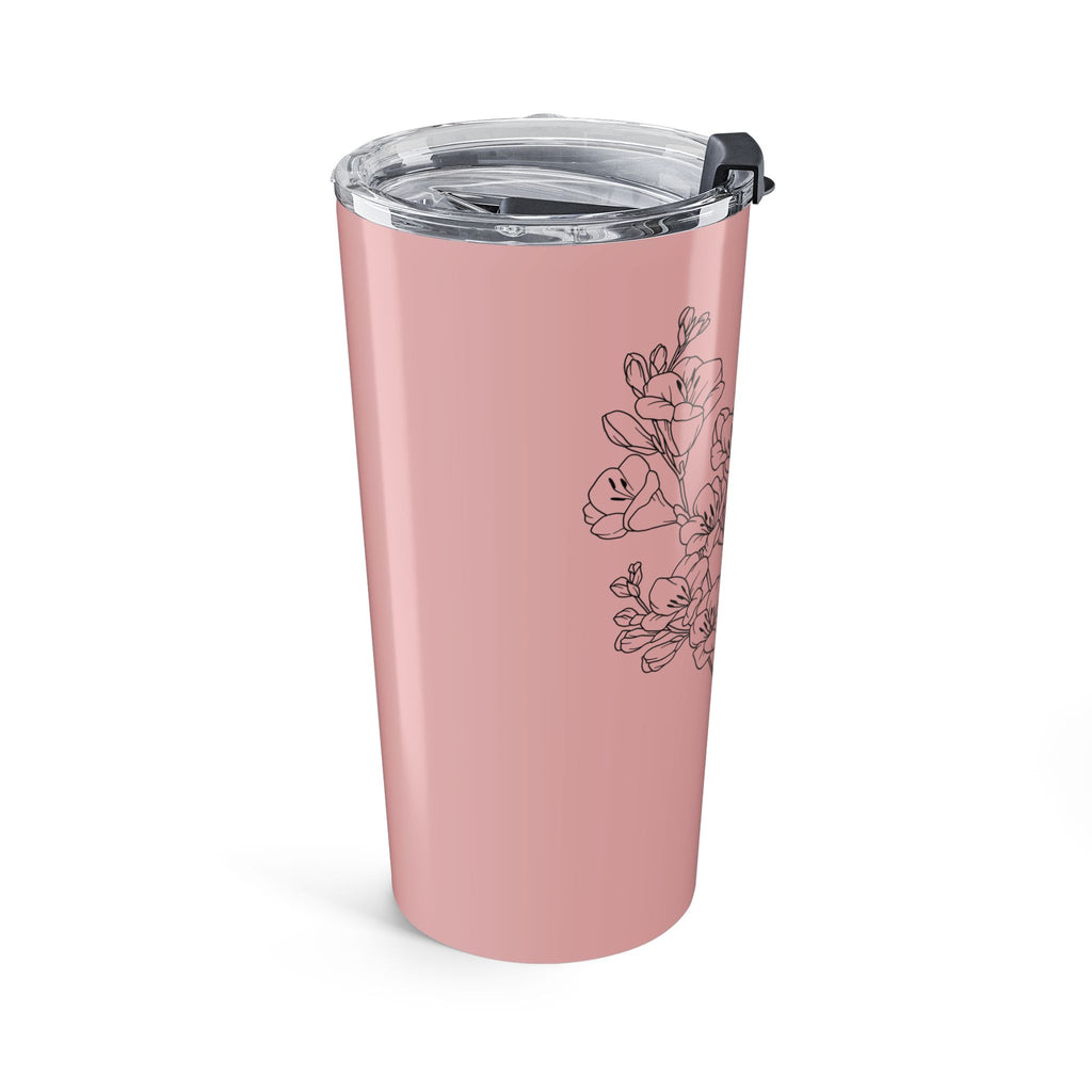 Close-up of botanical line-art flowers on pink grandma tumbler