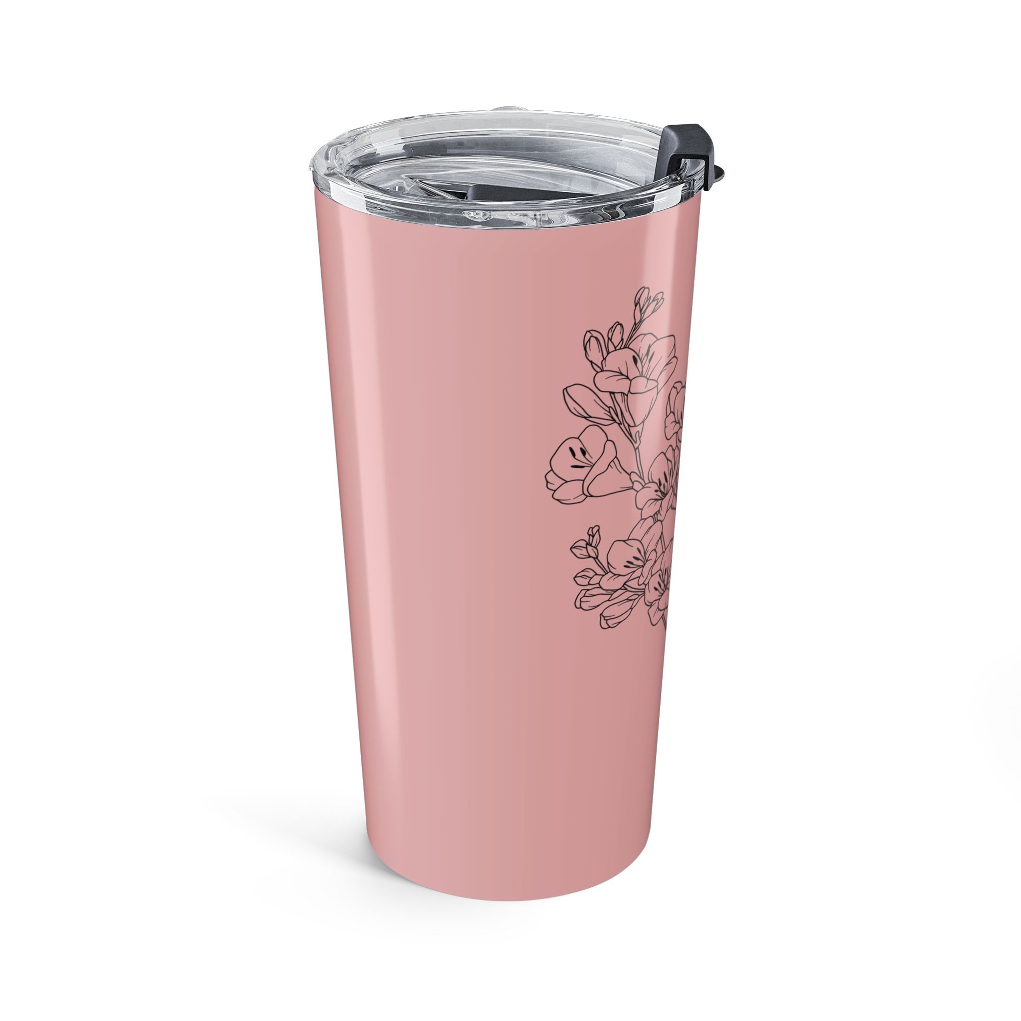 Close-up of botanical line-art flowers on pink grandma tumbler