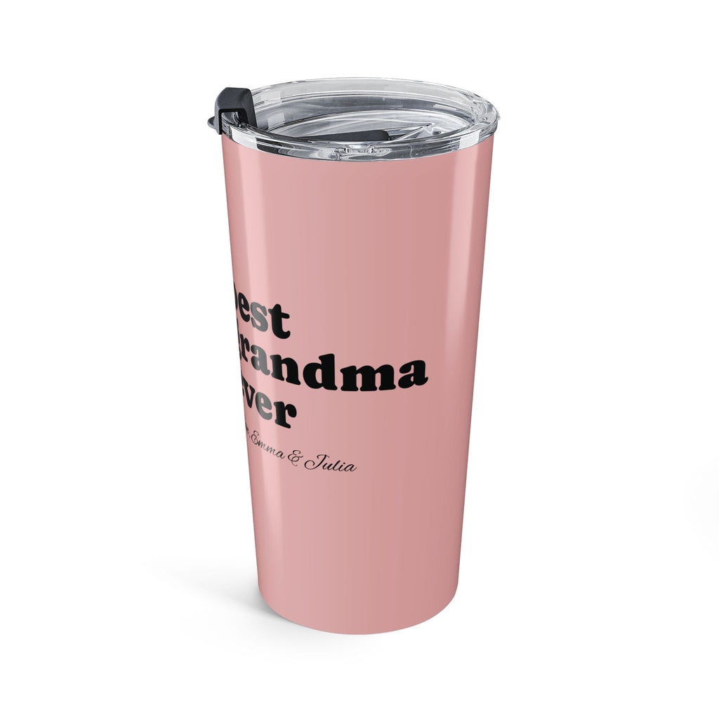 Pink grandma tumbler front view with lid and custom name
