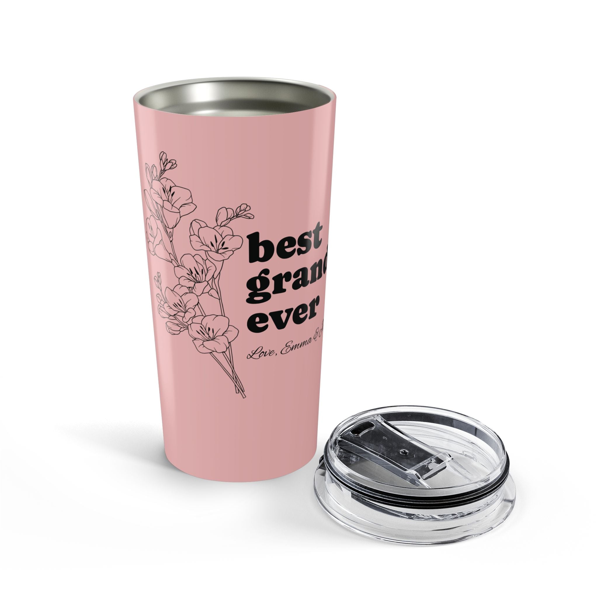 Personalized grandma floral tumbler lifestyle shot on table