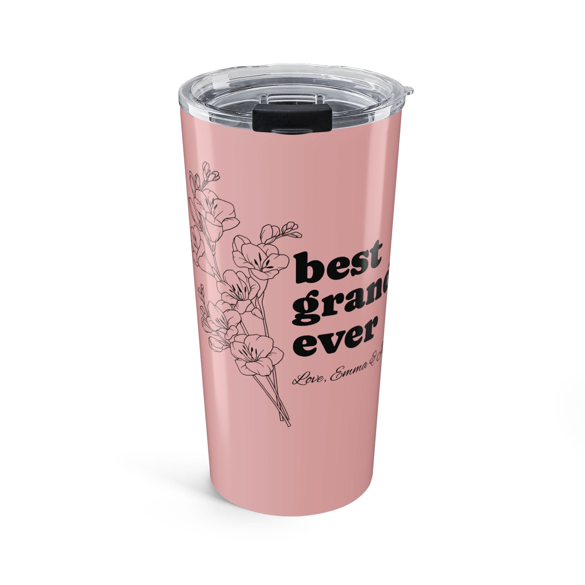 Personalized best grandma ever pink tumbler with botanical floral art