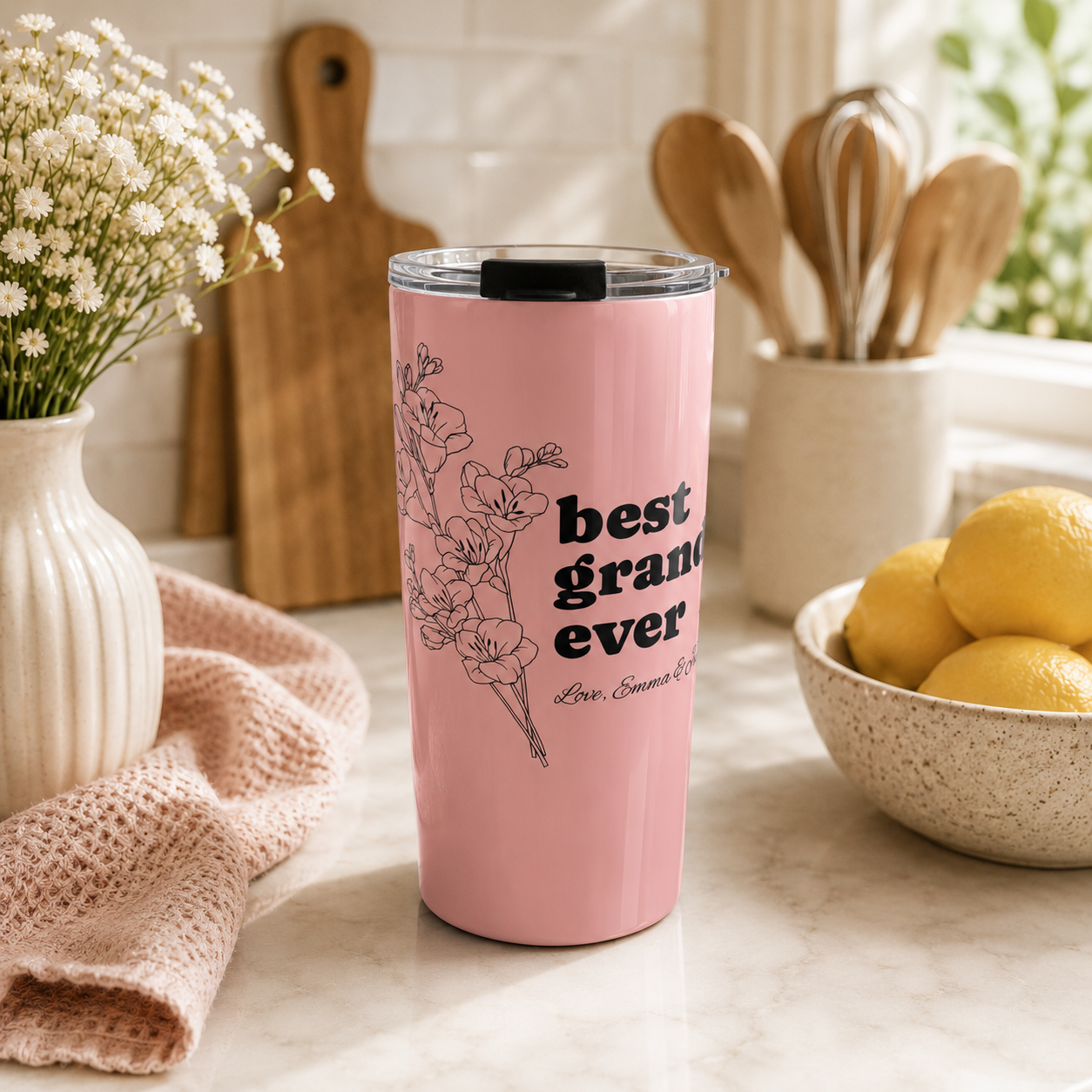 Grandma tumbler mockup showing personalized name detail