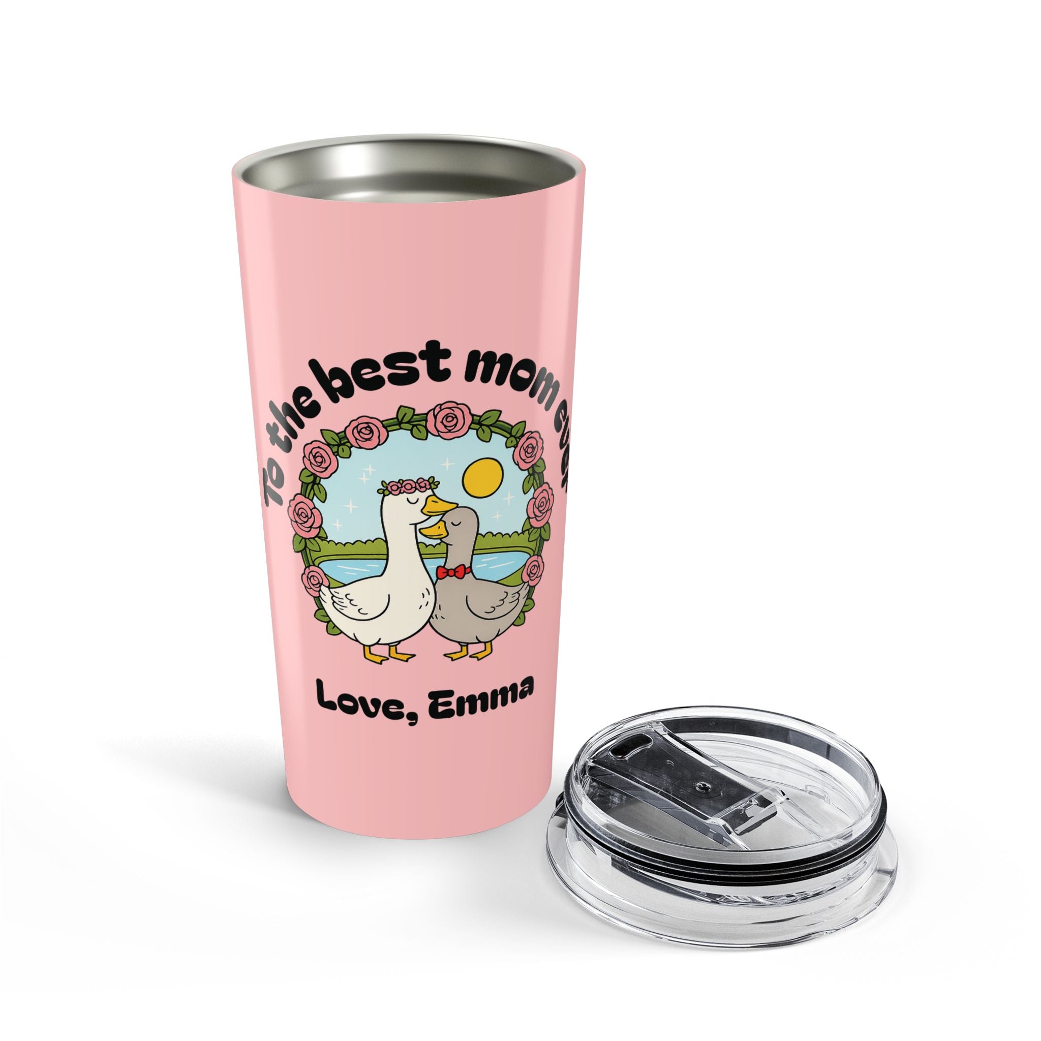 Personalized mom duck tumbler showing lid and spill-resistant seal