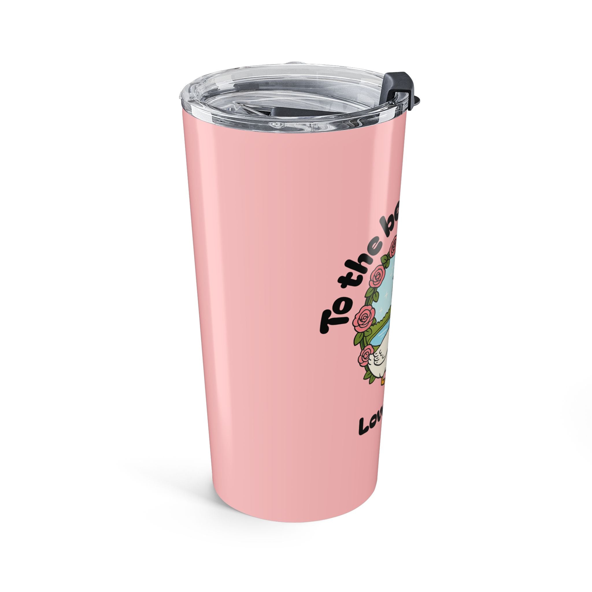 Pink duck tumbler with custom name on kitchen countertop