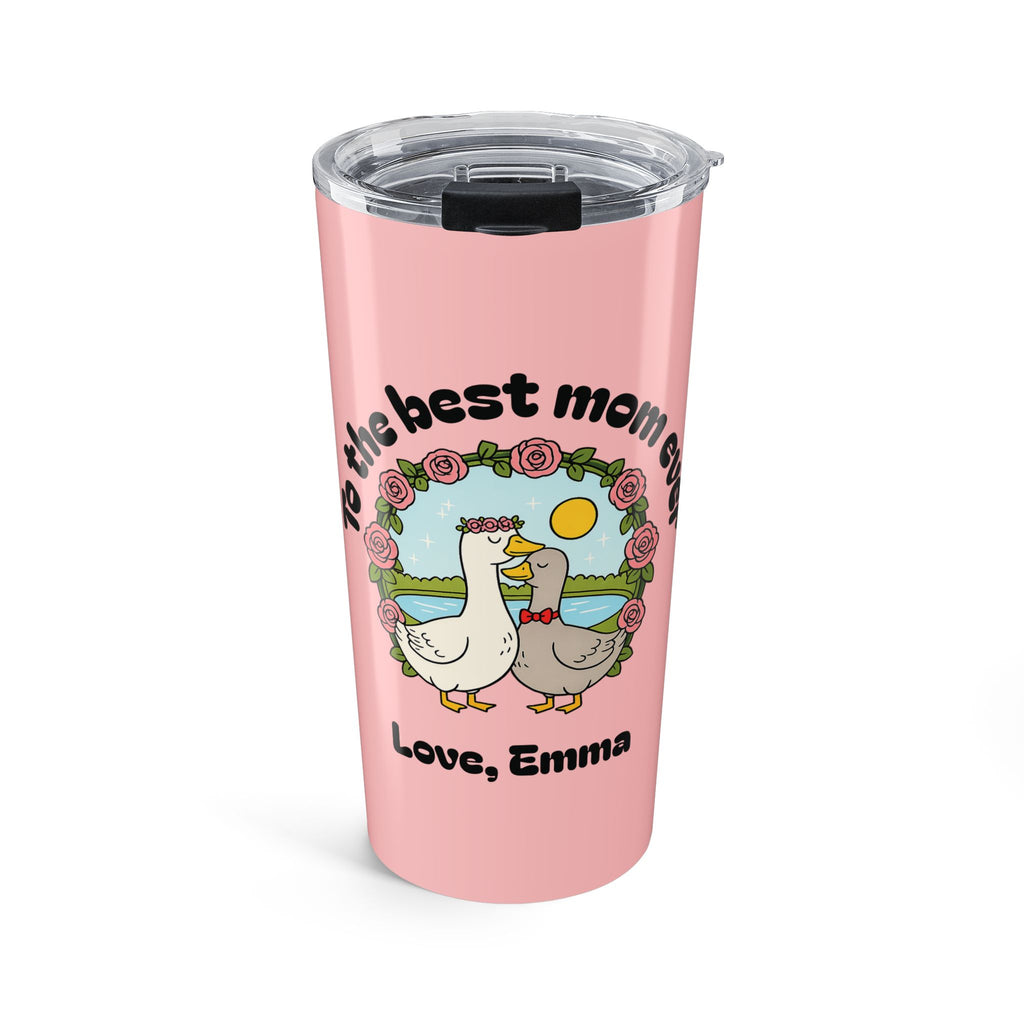 Personalized best mom ever pink duck tumbler with rose wreath design