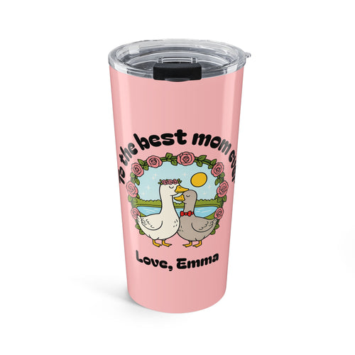 Personalized best mom ever pink duck tumbler with rose wreath design