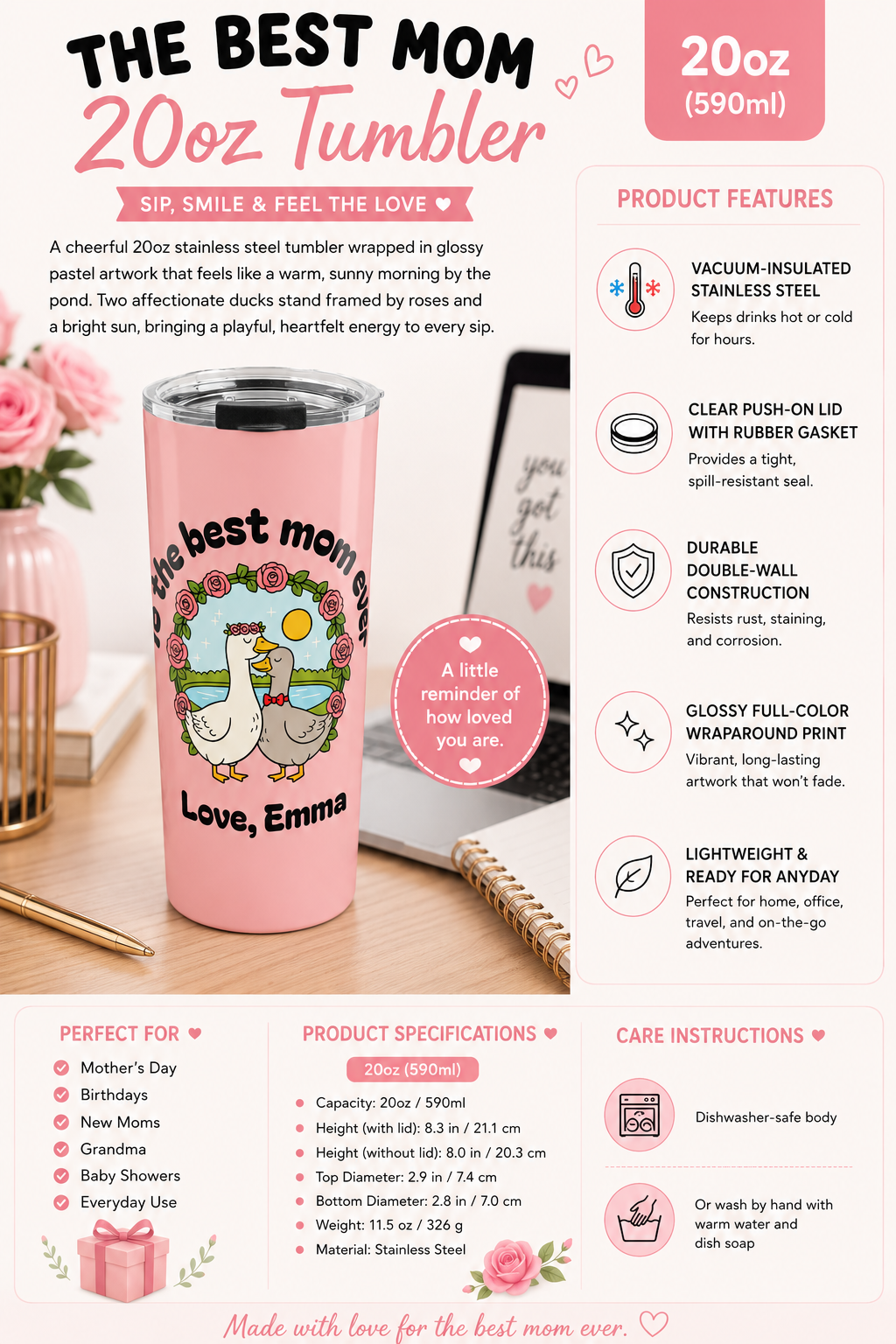 Mockup of personalized mom tumbler showing size reference
