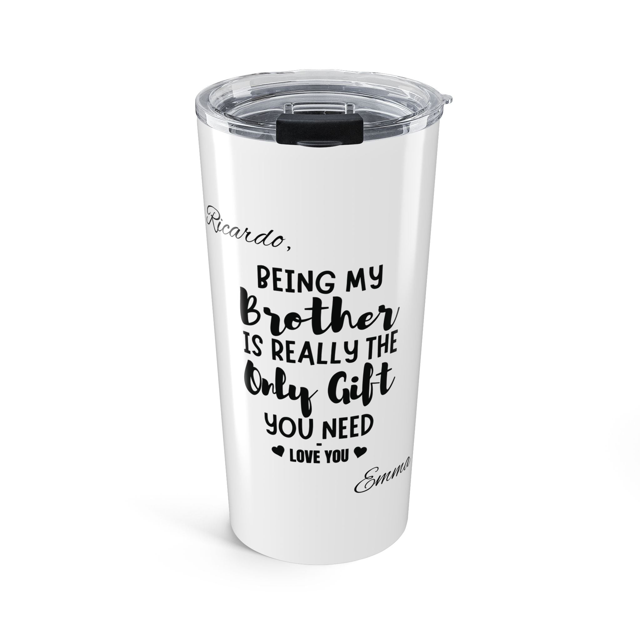 Personalized brother gift tumbler with custom names and heartfelt message