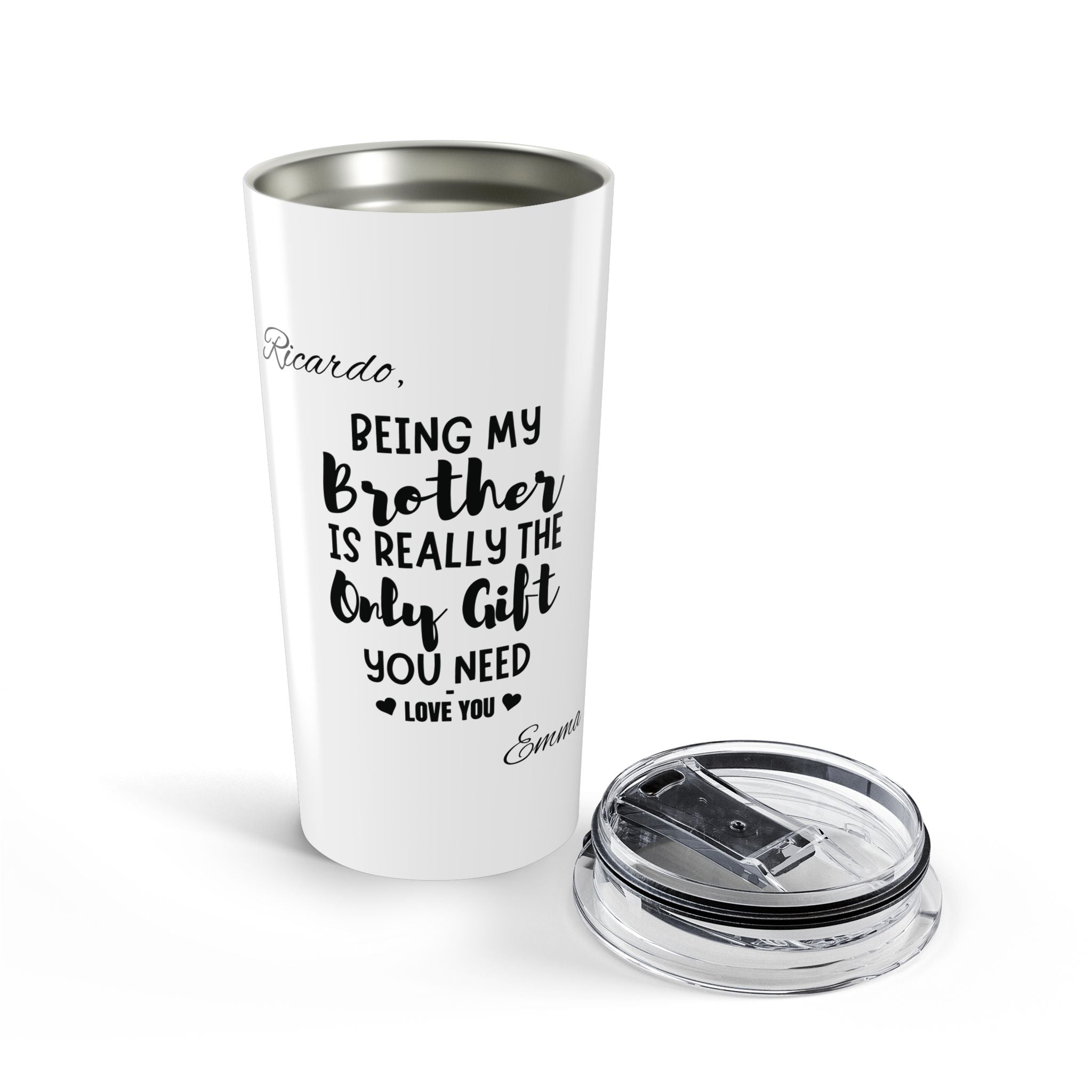 Personalized brother tumbler held outdoors natural light