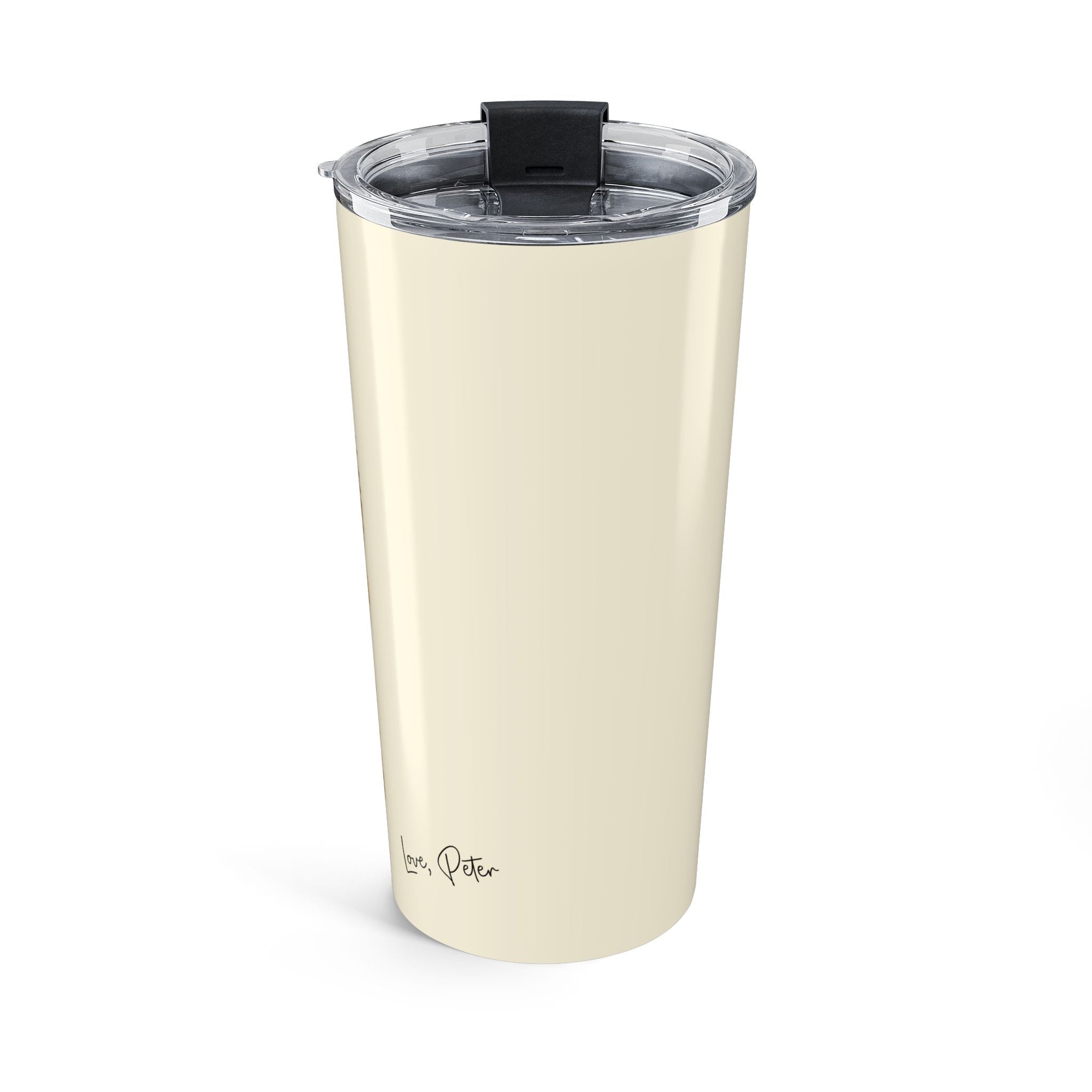 Custom camper tumbler front view with sunset and mountain illustration