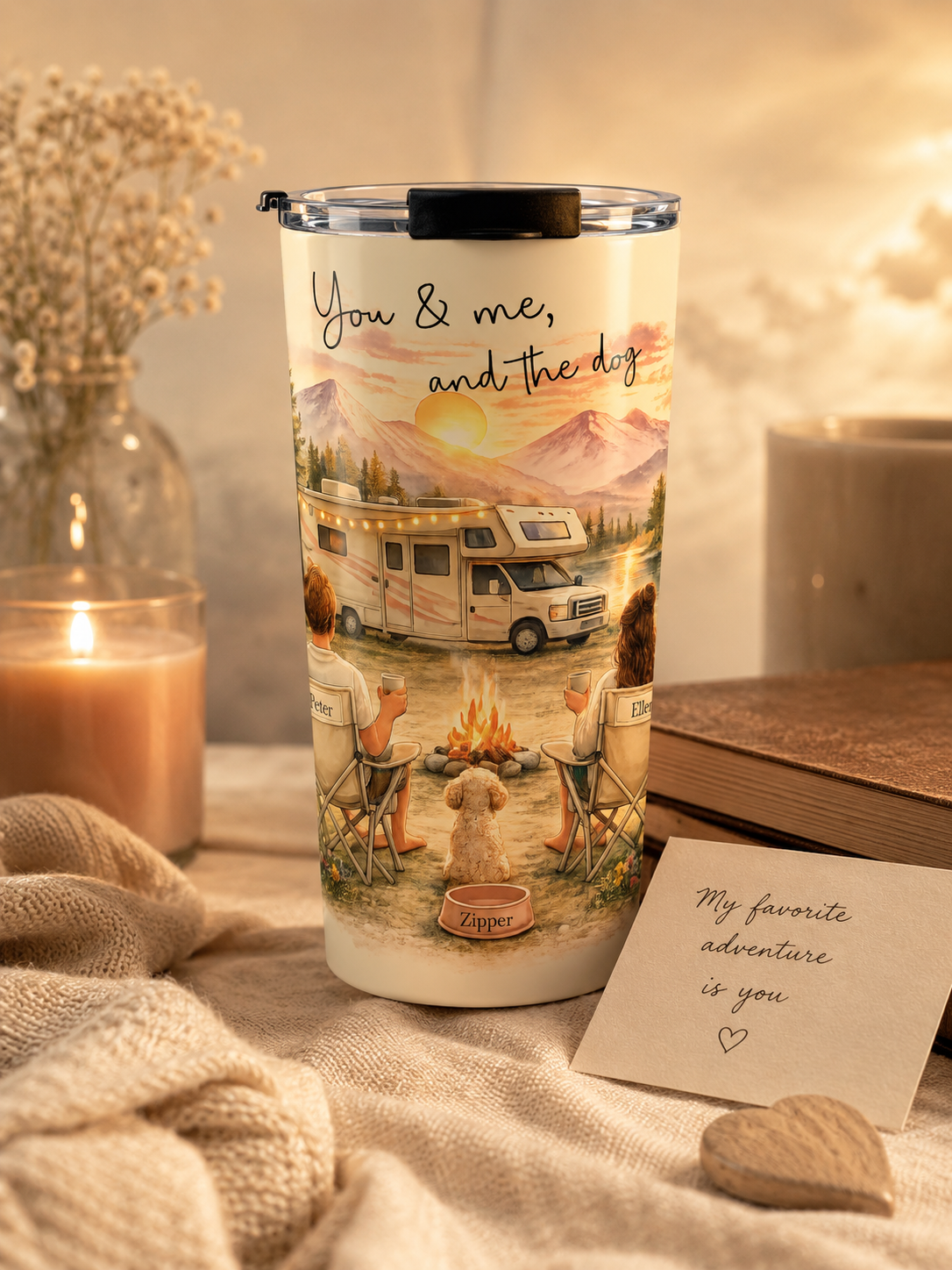 Personalized camper dog gift mockup for anniversary or Valentines Day