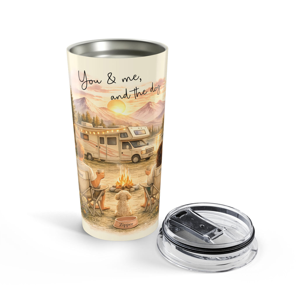 Camper dog tumbler held outdoors in natural light