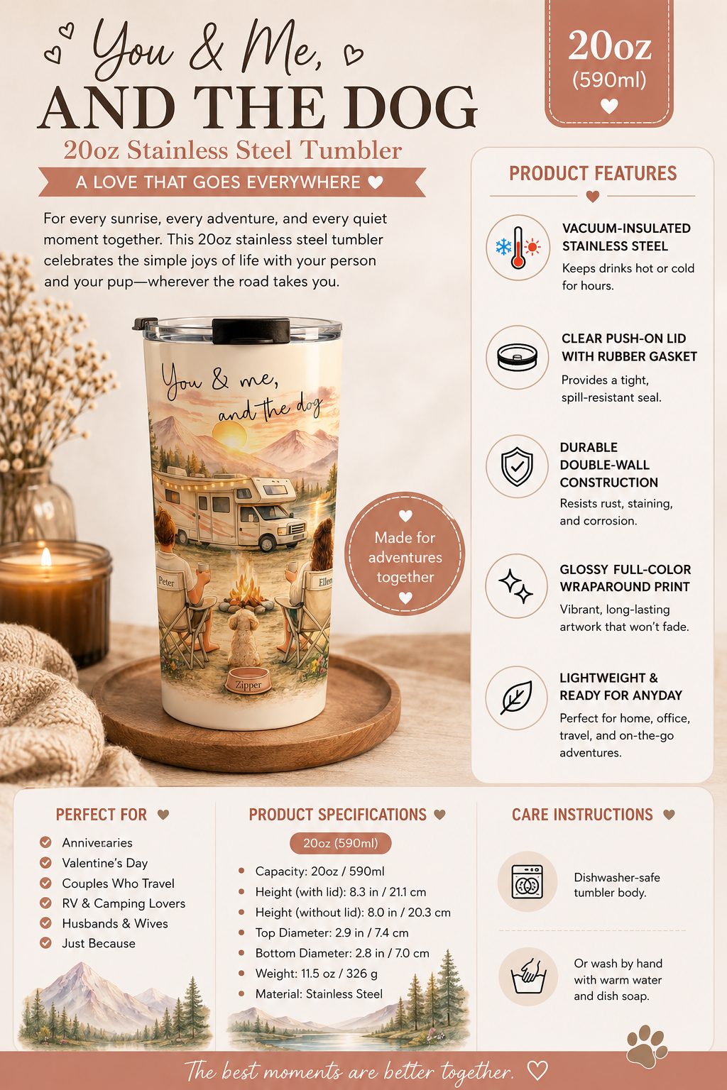 Camper dog tumbler size reference mockup transparent background