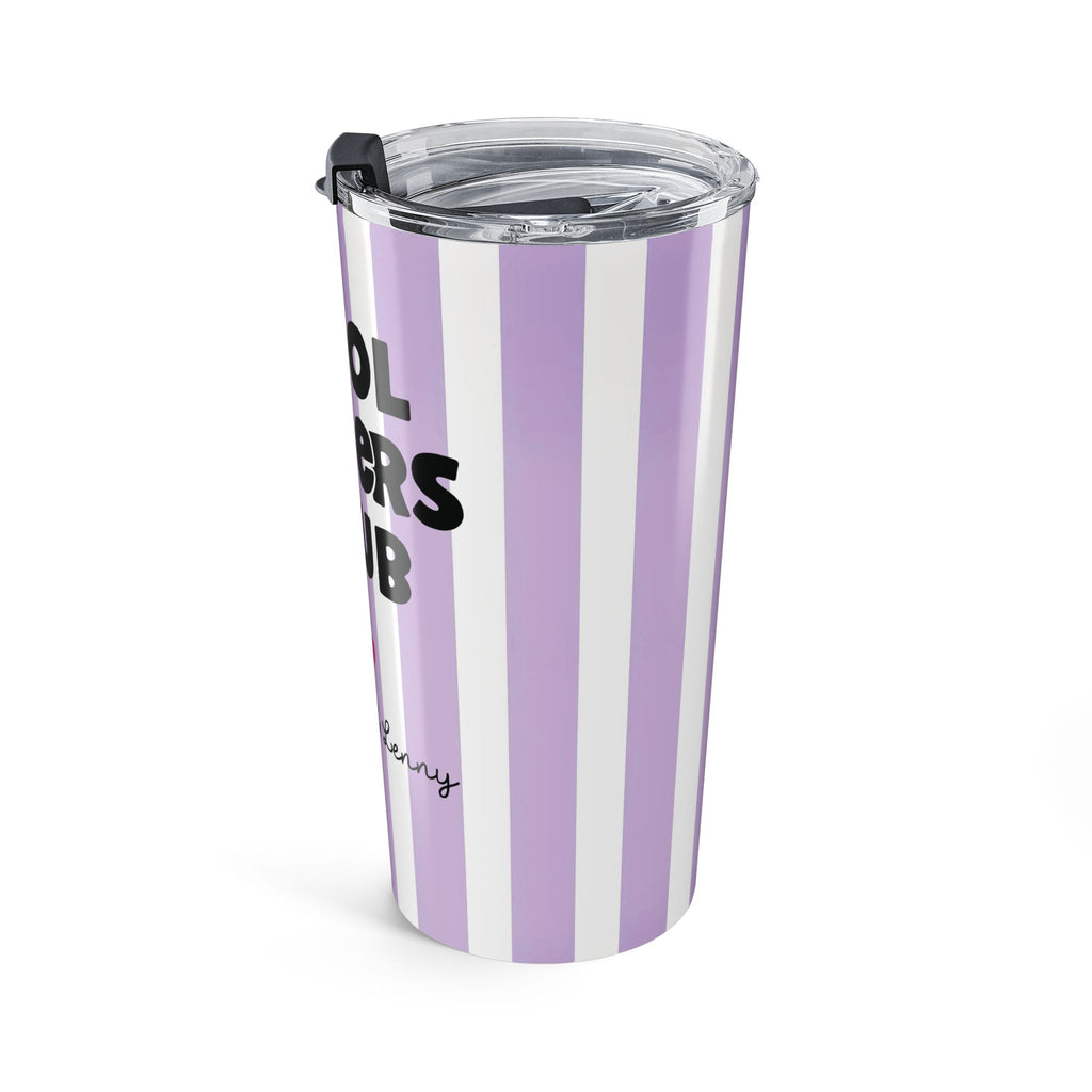 Close-up of Cool Sister Club bold typography on personalized purple tumbler