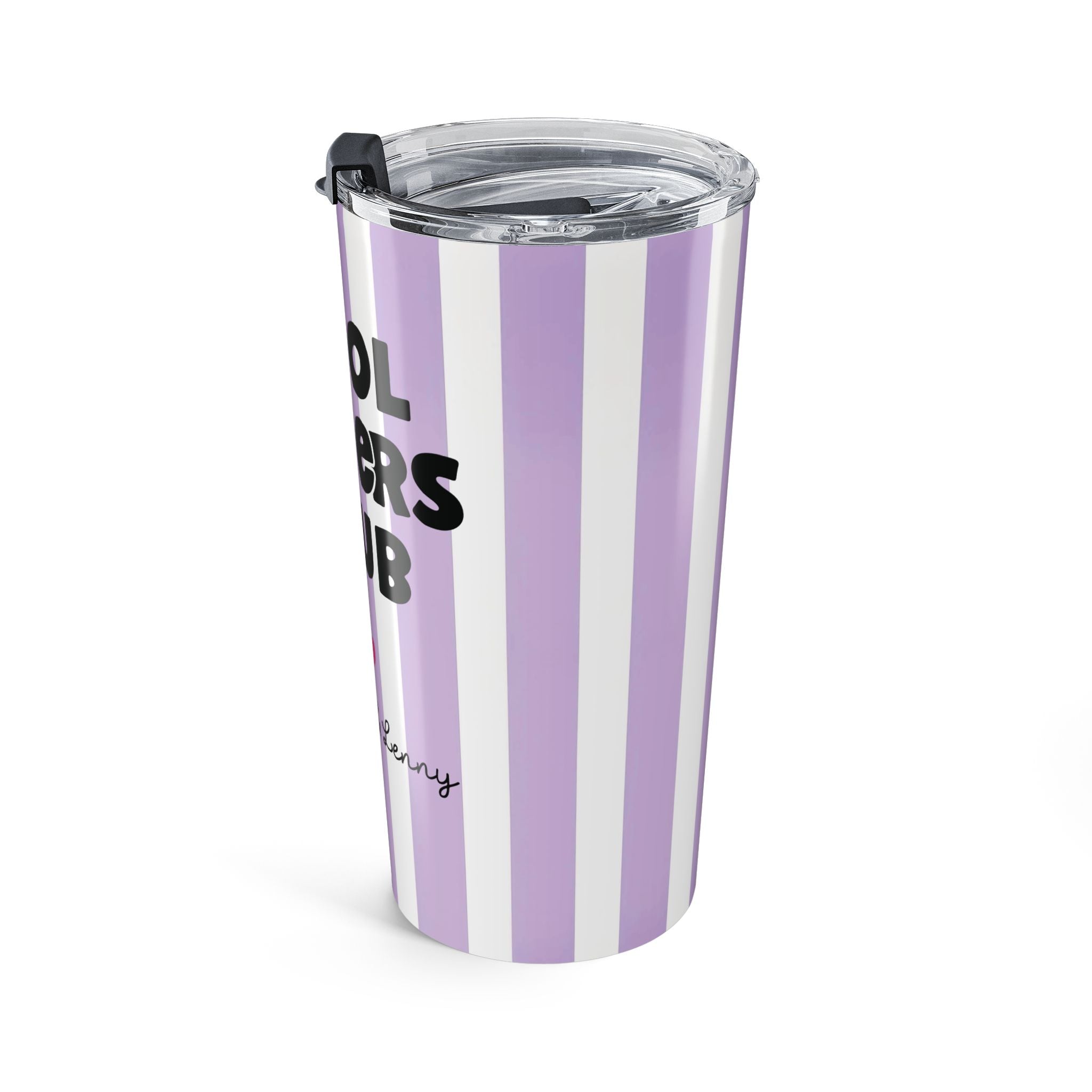 Close-up of Cool Sister Club bold typography on personalized purple tumbler