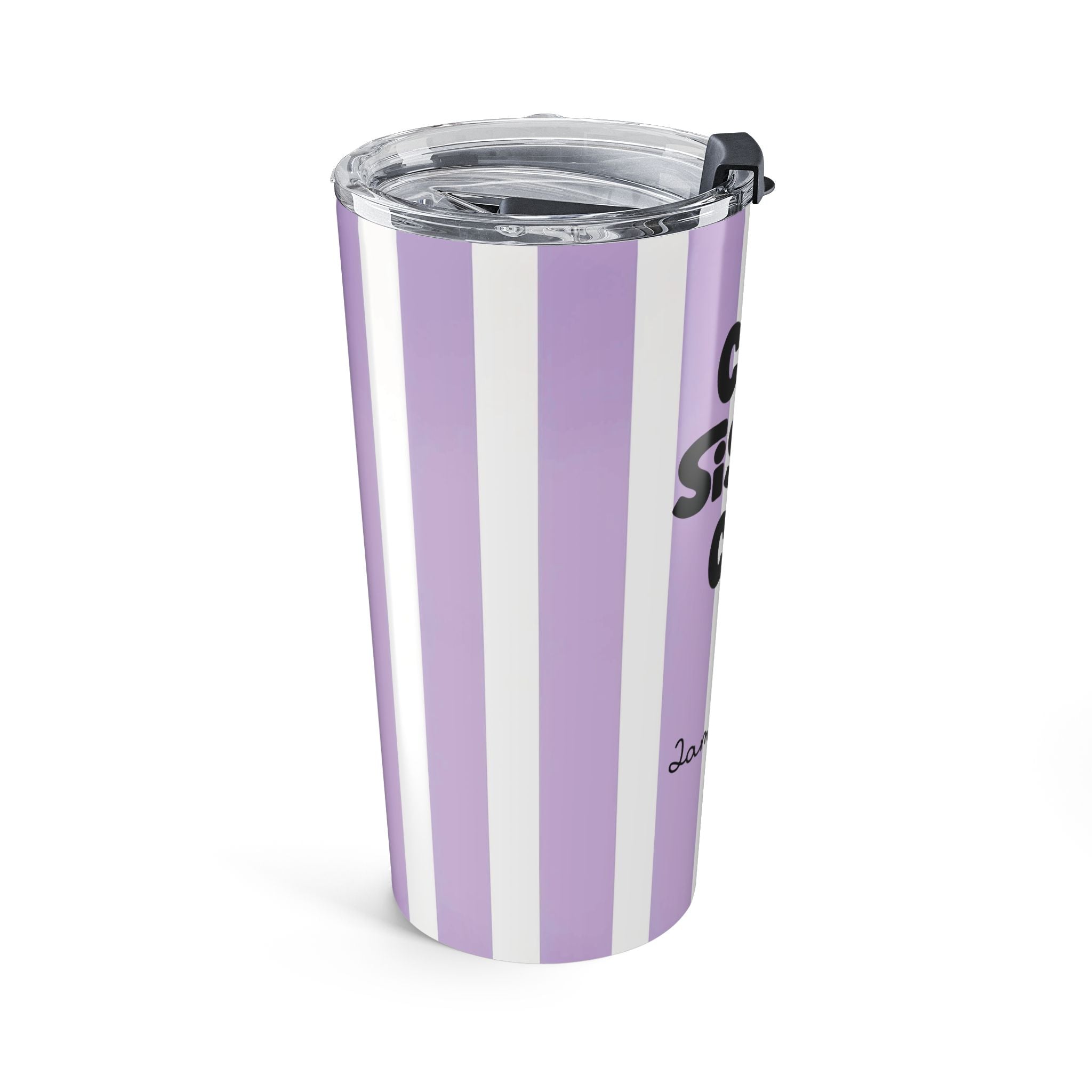 Cool Sister Club tumbler front view purple and white stripe design