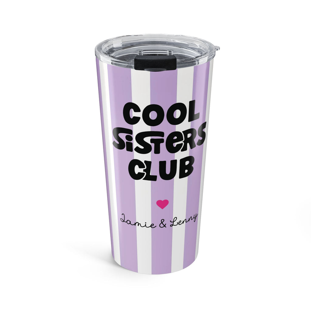 Personalized Cool Sister Club purple stripe tumbler with pink heart and custom names