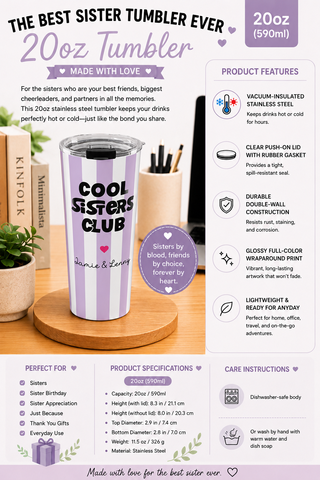 Custom sister names tumbler color and style overview mockup