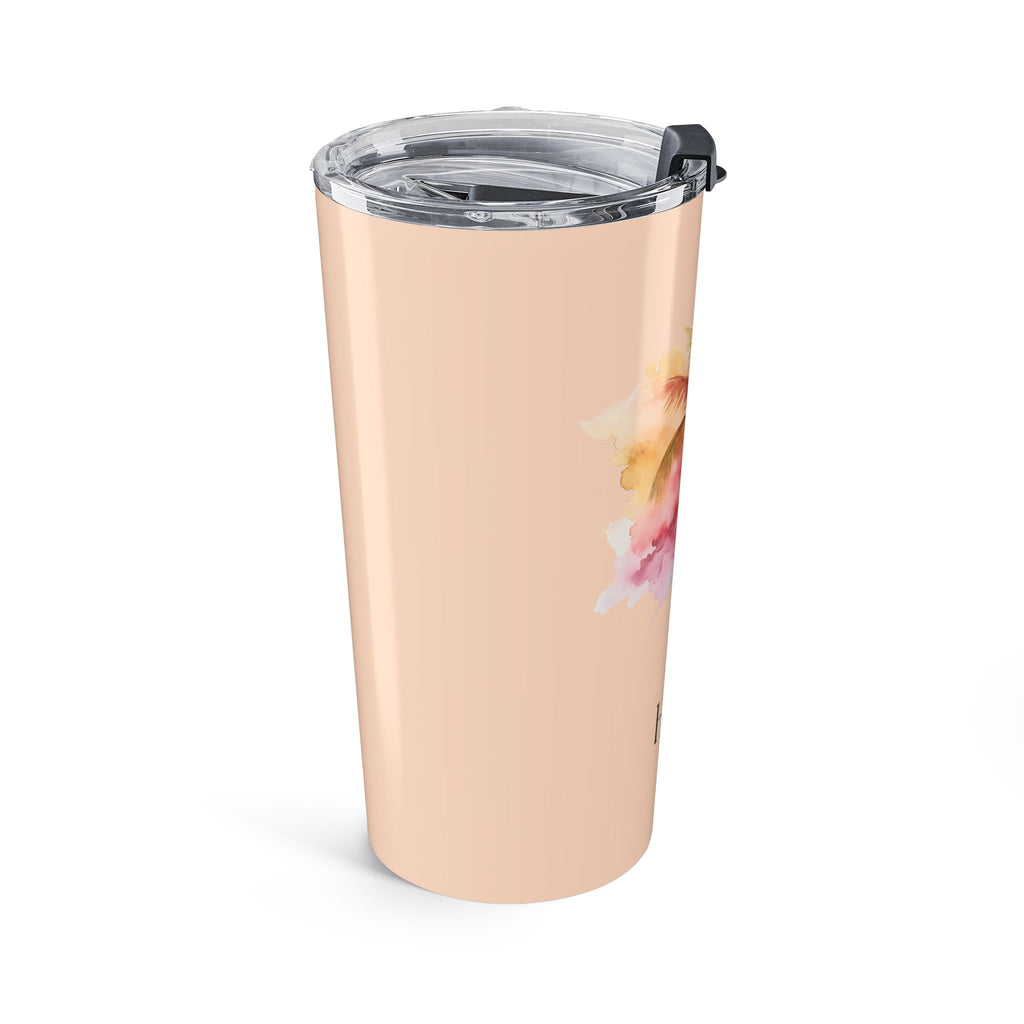 Custom name peach tumbler front view with push-on lid