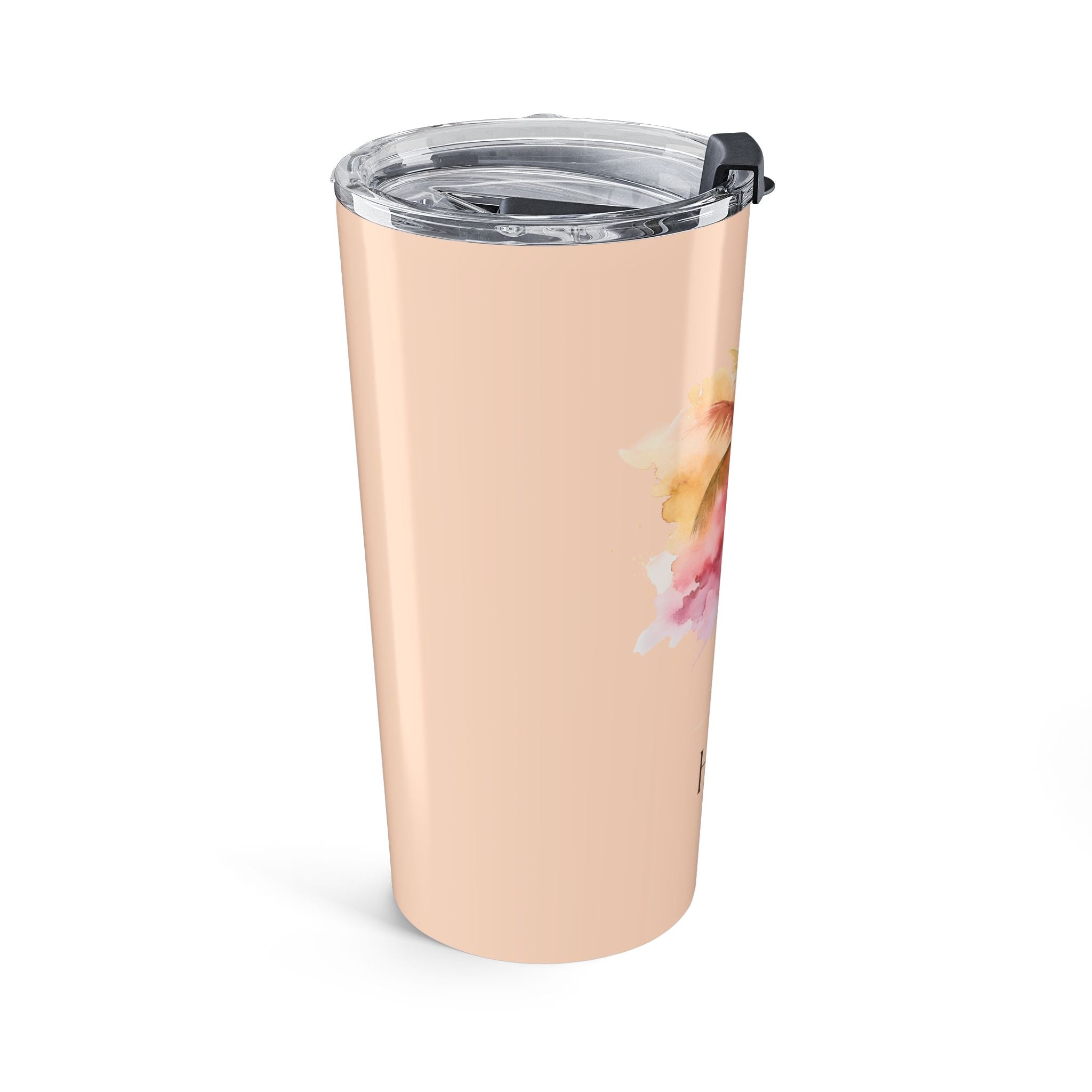 Custom name peach tumbler front view with push-on lid
