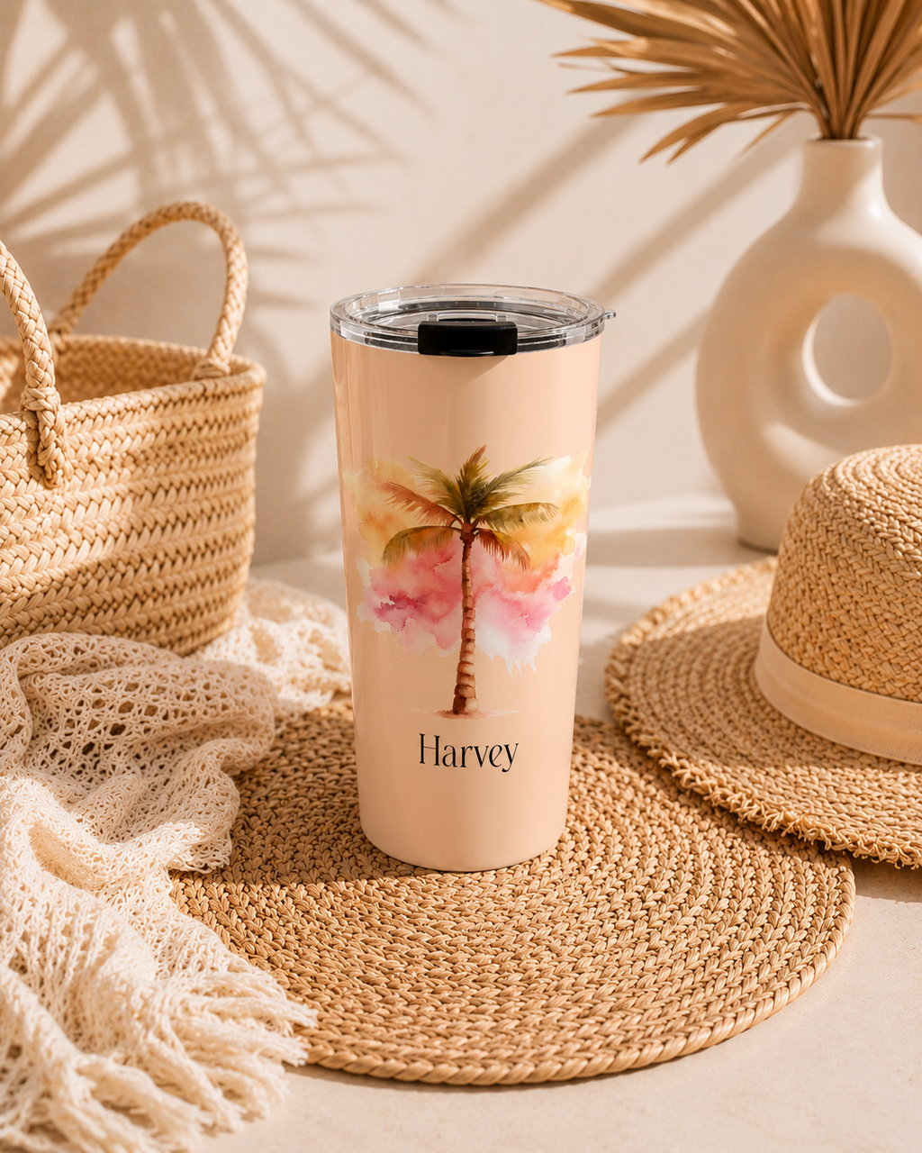 Personalized palm tree tumbler gift mockup presentation