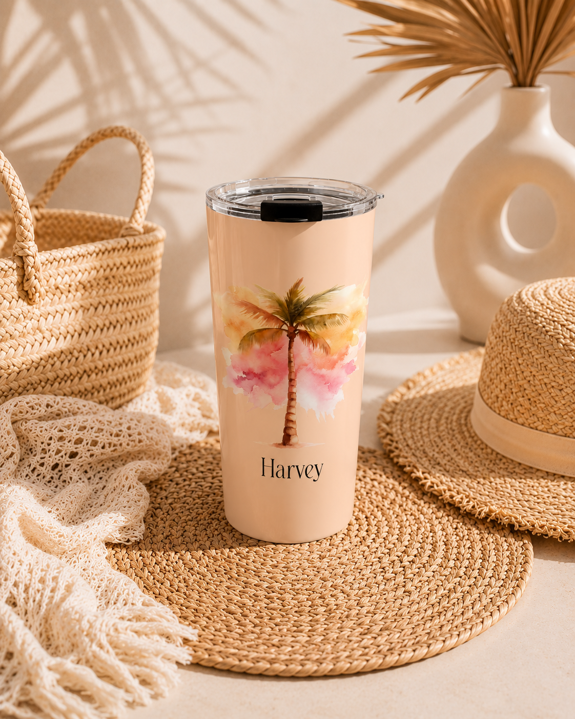 Personalized palm tree tumbler gift mockup presentation