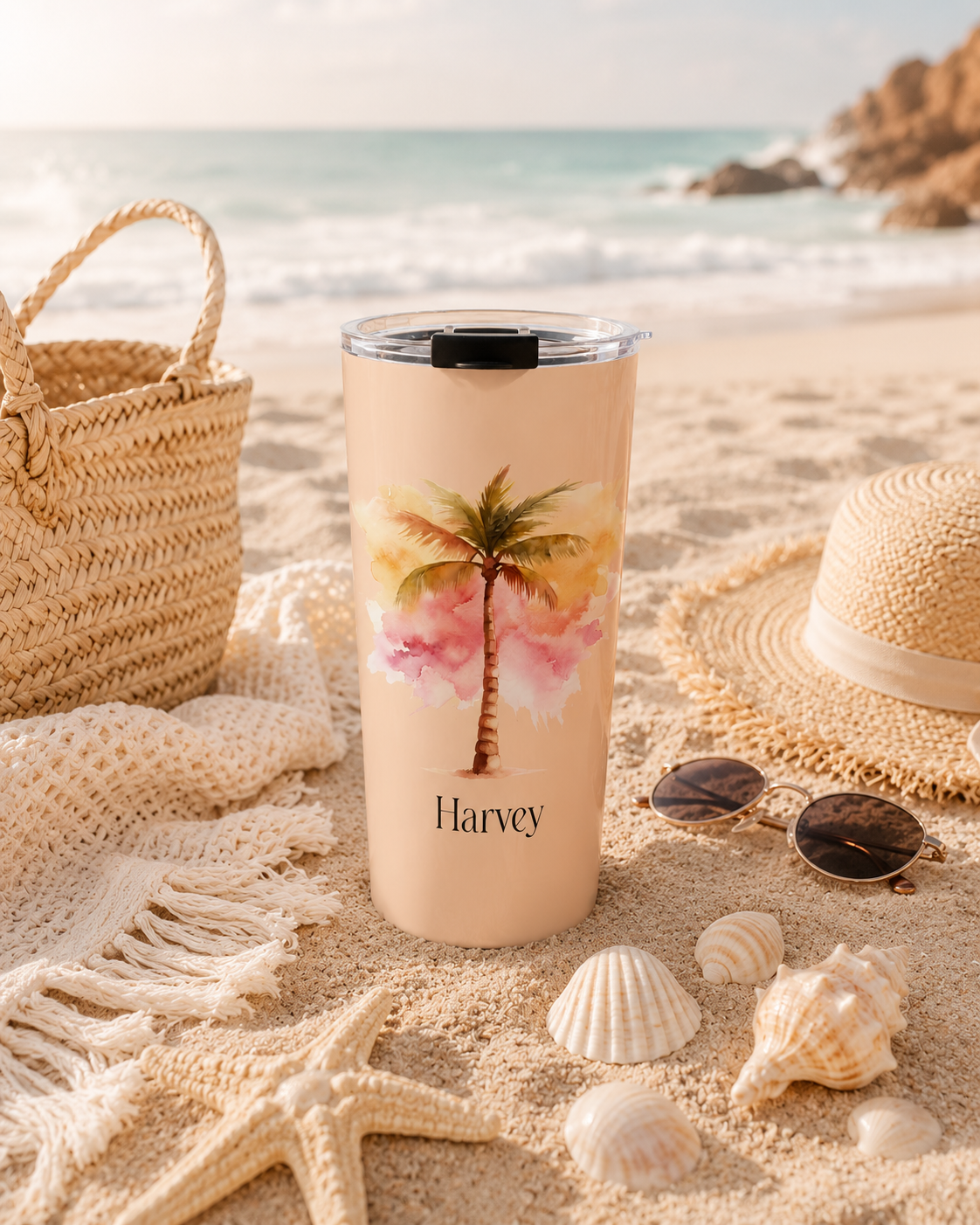 Tropical palm tree tumbler size reference mockup