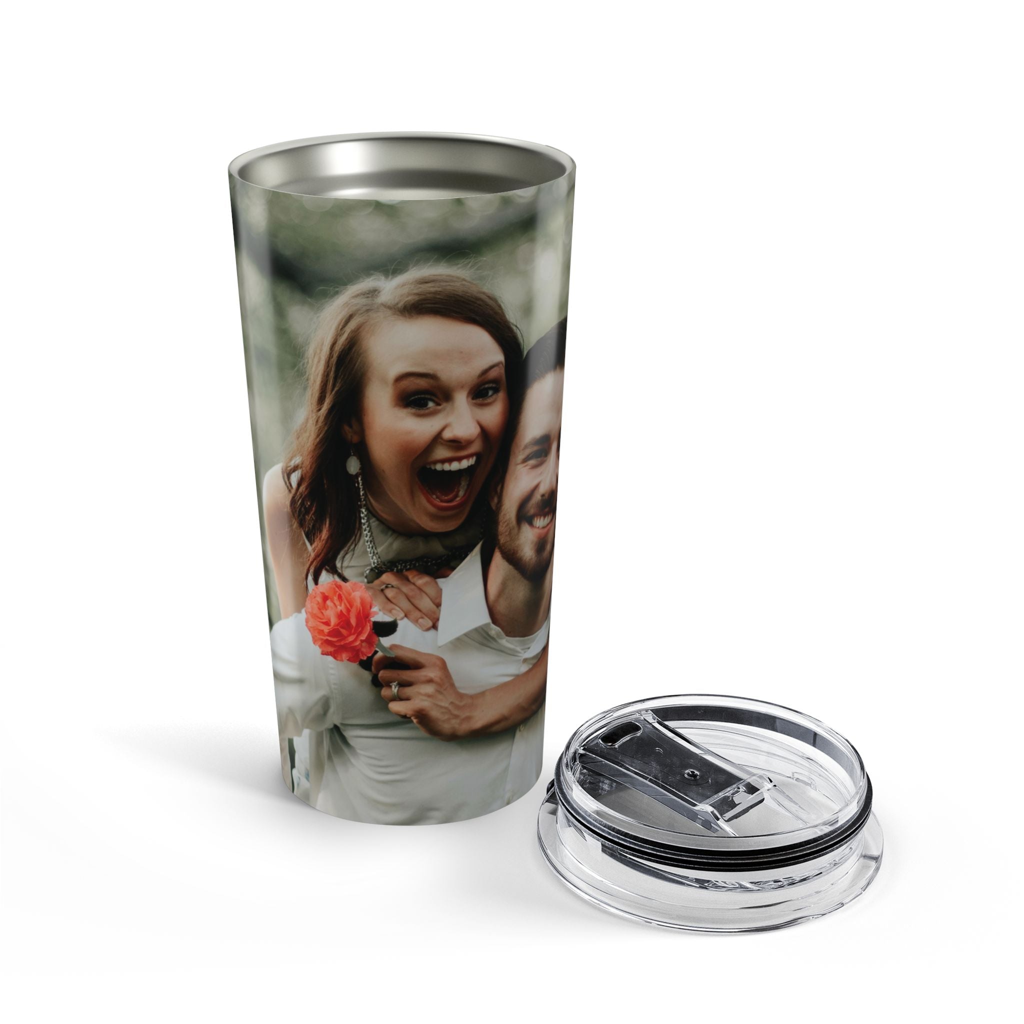 Romantic custom photo tumbler held outdoors in natural light