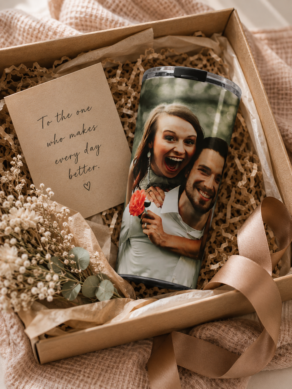 Photo wrap tumbler gift mockup for anniversary or valentines day