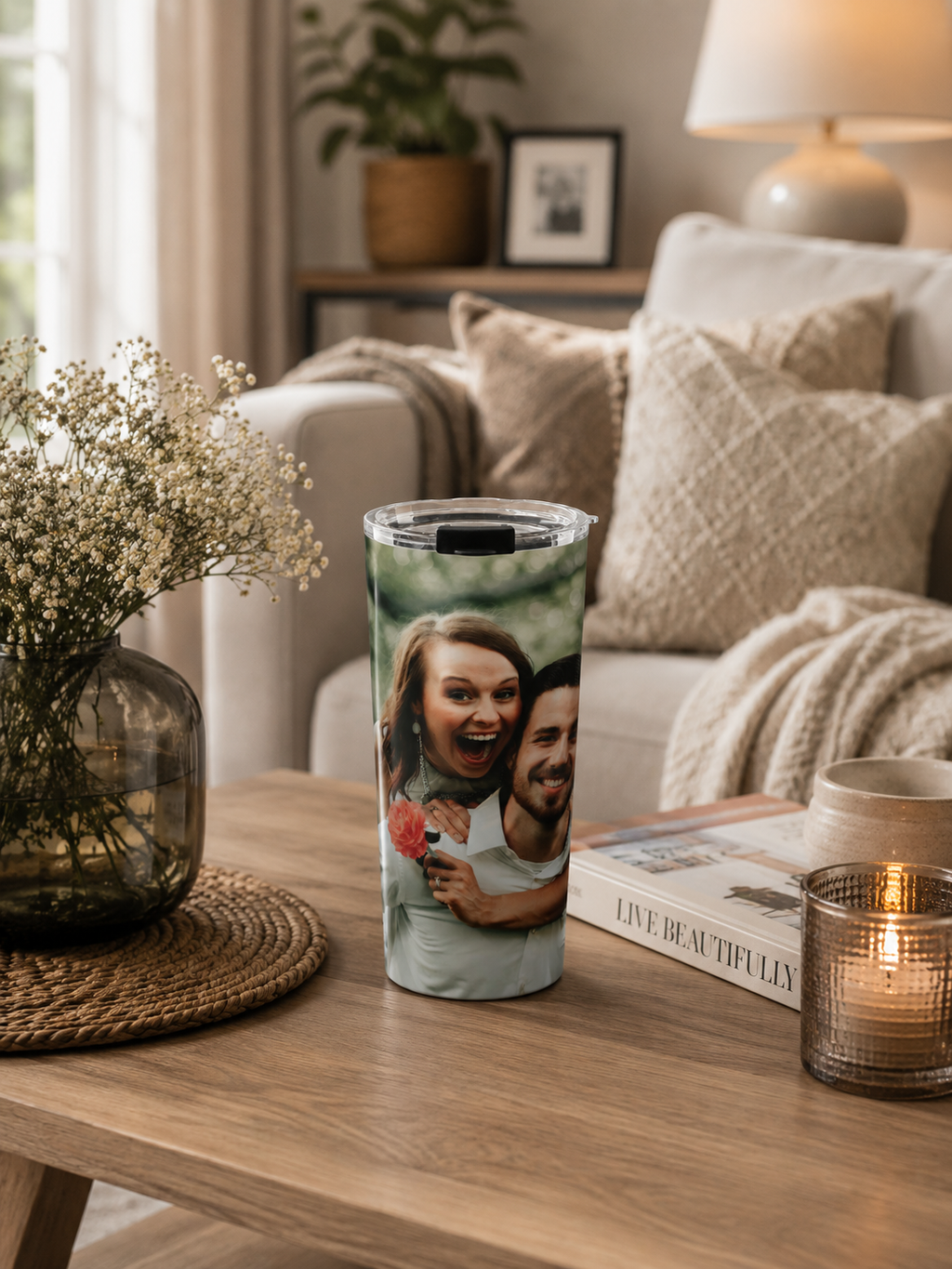 Romantic couple photo tumbler on table in home setting