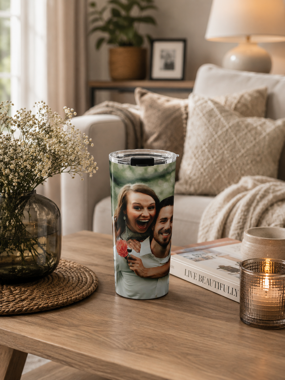 Romantic couple photo tumbler on table in home setting