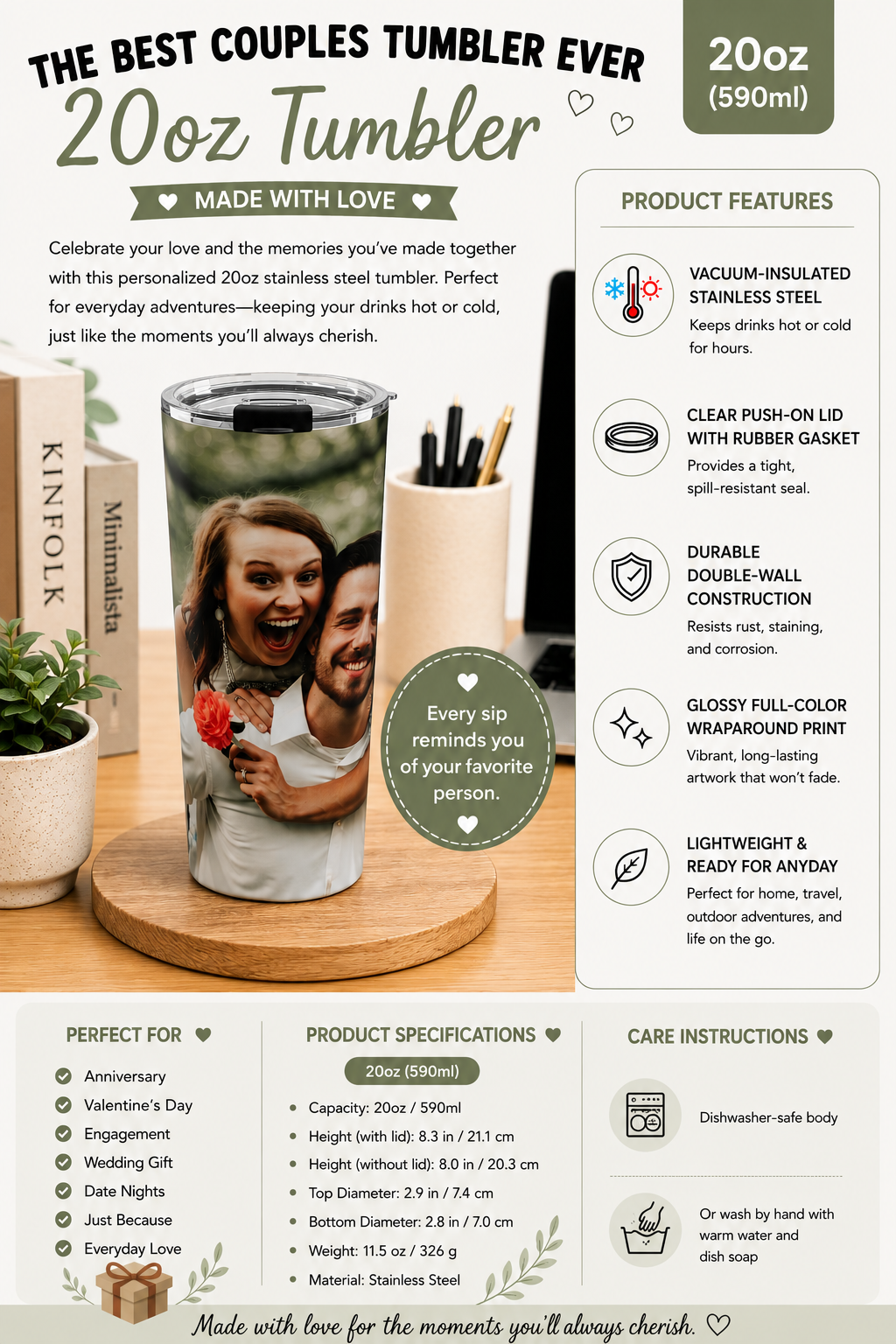 Custom 20oz photo tumbler color and finish overview
