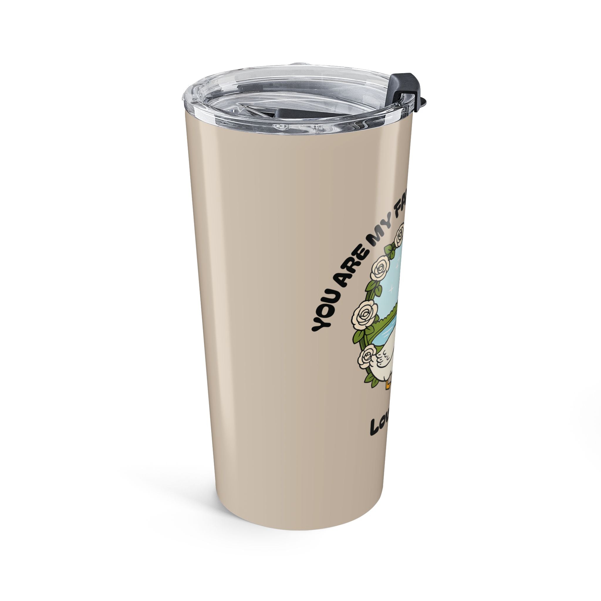 Close-up of duck duo and rose design on beige tumbler