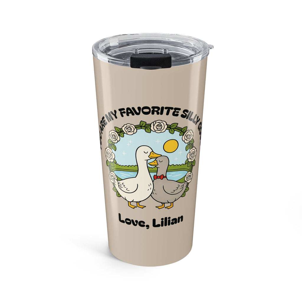 Personalized silly goose duck tumbler beige with white rose wreath