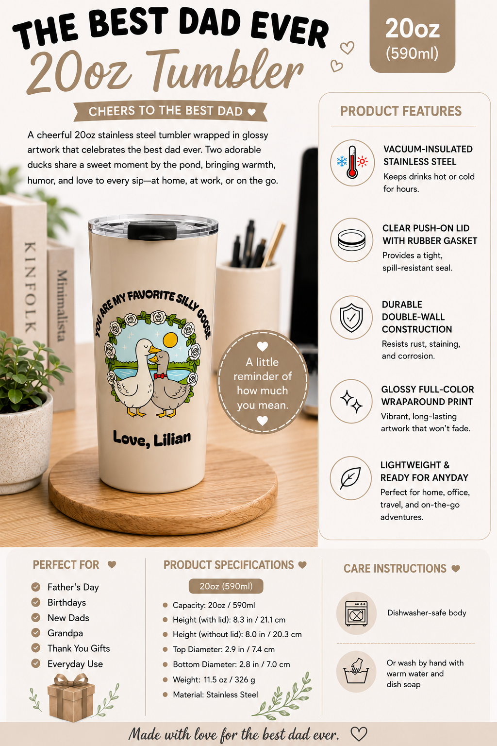 Size reference mockup for personalized silly goose tumbler