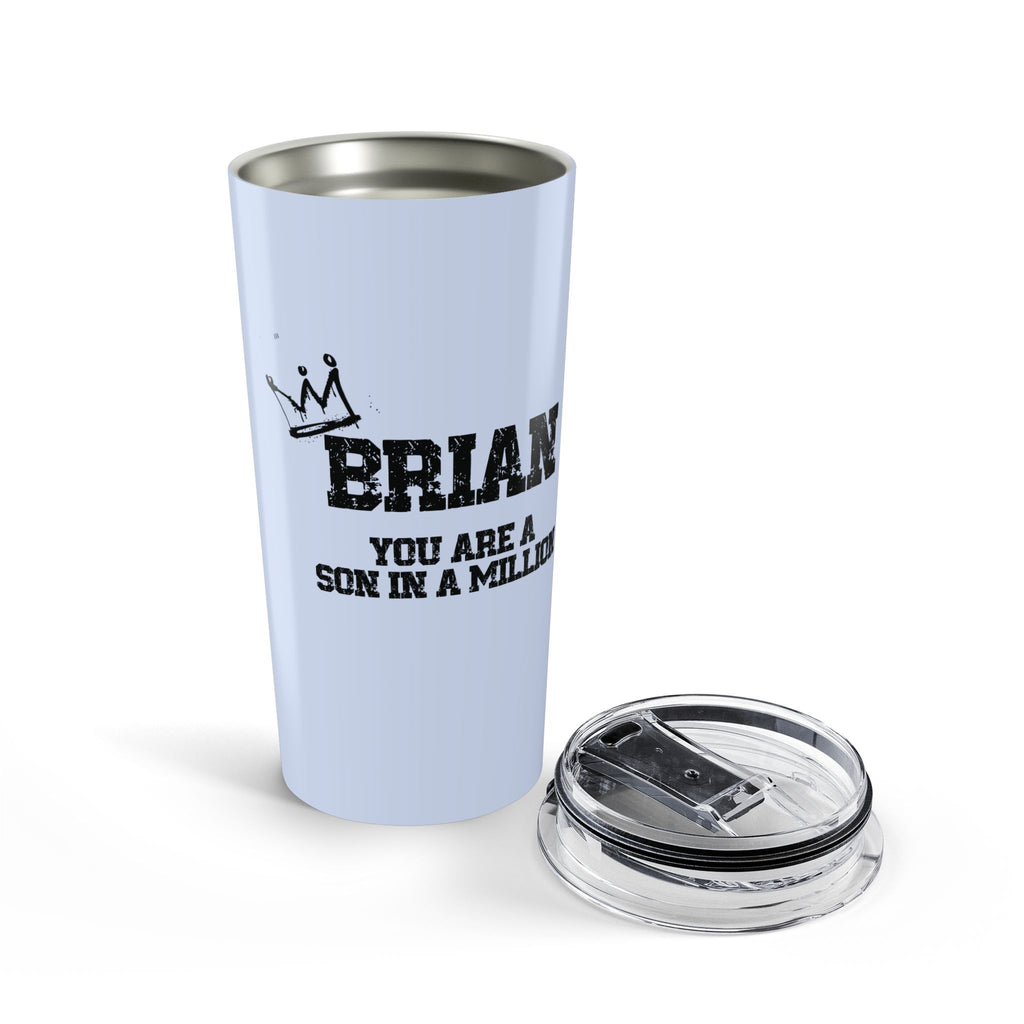 Personalized blue son tumbler held outdoors natural light